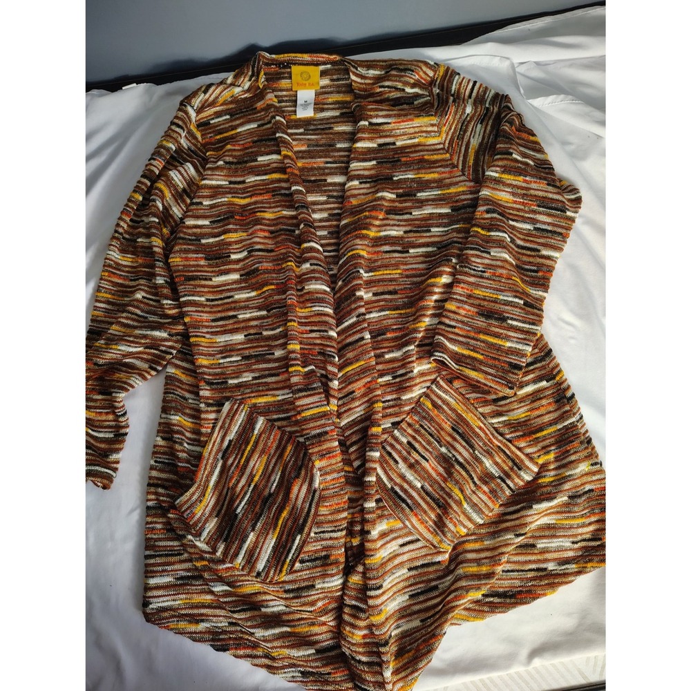Ruby Rd Womens Medium Open Front Cardigan Multi Color Striped Knit Pockets